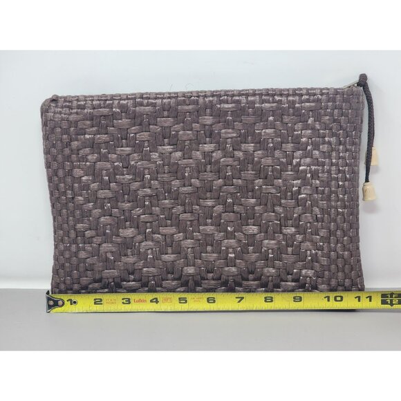 Woven Brown‎ Clutch Pouch With Zipper & Drawstring Detail Striped Fabric Lining - Picture 6 of 7